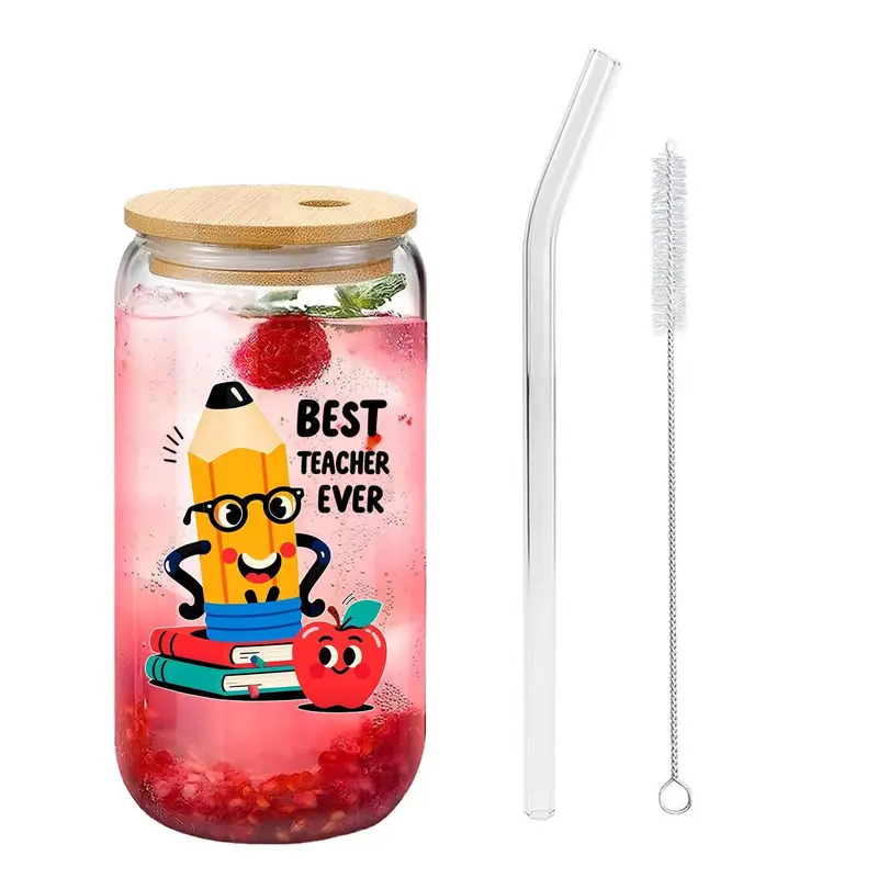 16oz Glass Cup with Straw & Brush, 1 Count Cute Cartoon Pattern Glass Cup, Drinking Cup for Home Office School, Gift for Teacher, Drinkware 0
