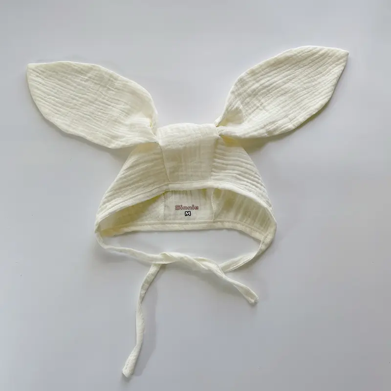 Mũ buộc dây tai gấu tai thỏ vải xô Muslin cho bé Sinnie, mũ tai thỏ siêu dài vải xô sợi tre thấm hút cho bé. Voi 1