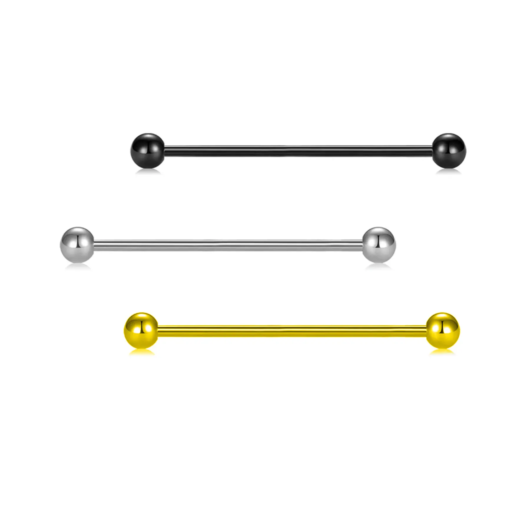 Anting Industrial Piercing untuk tindikan Industrial Motif Bulat dan Runcing dengan warna hitam, gold, silver dan rainbow