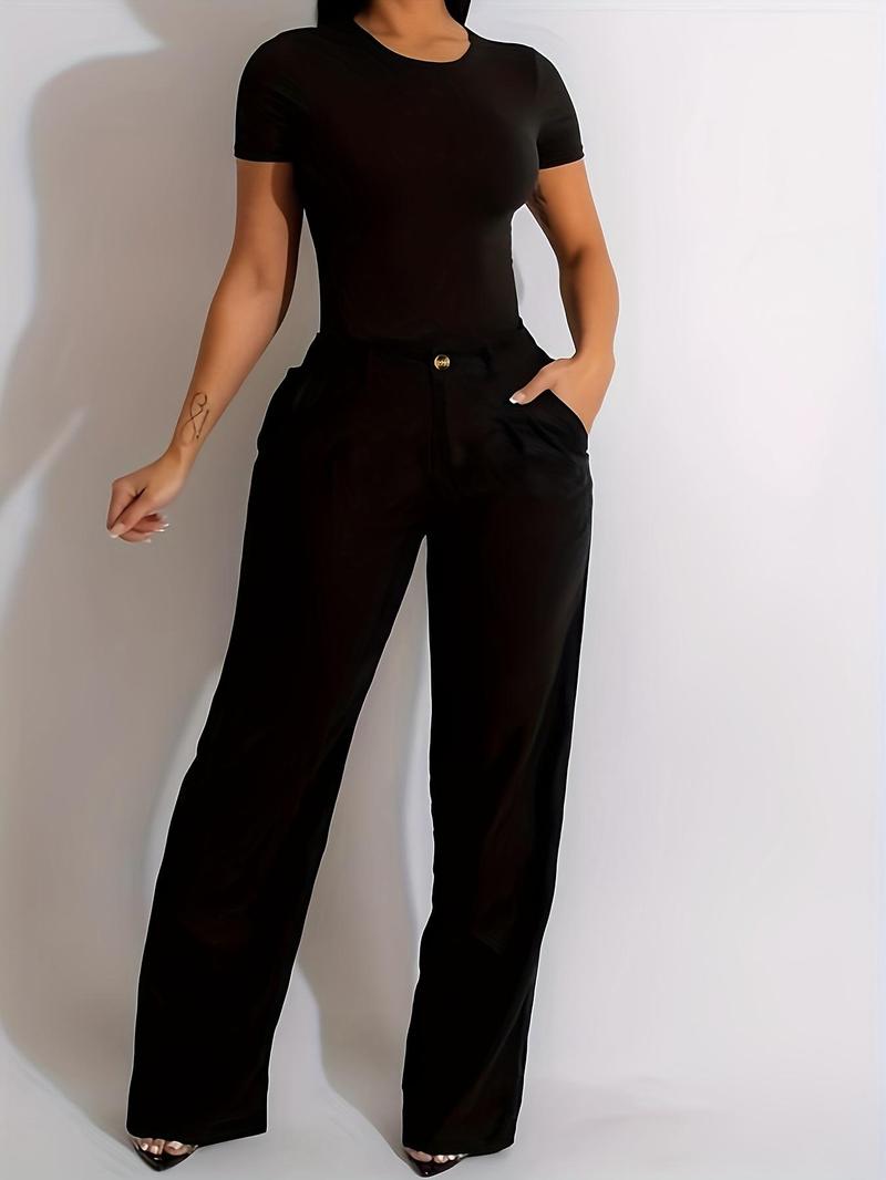 Product Introduction of Women's Solid Plicated High Waist Straight Leg Pants, Casual Pocket Trousers for Daily Wear, Ladies Bottoms for All Seasons 10