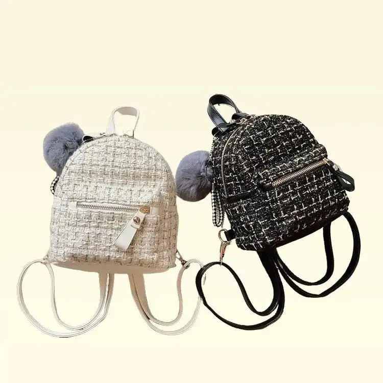 Balo Mini Nữ Vải Dạ Kim Tuyến Phối Da Kèm Móc Bông V16 Đeo Vai Backpack