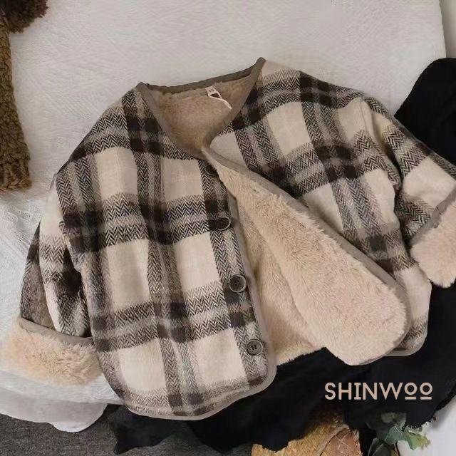 QCCC Áo khoác dạ kẻ ngang lót lông ấm phong cách Hàn Quốc - AK006 áo khoác Jacket