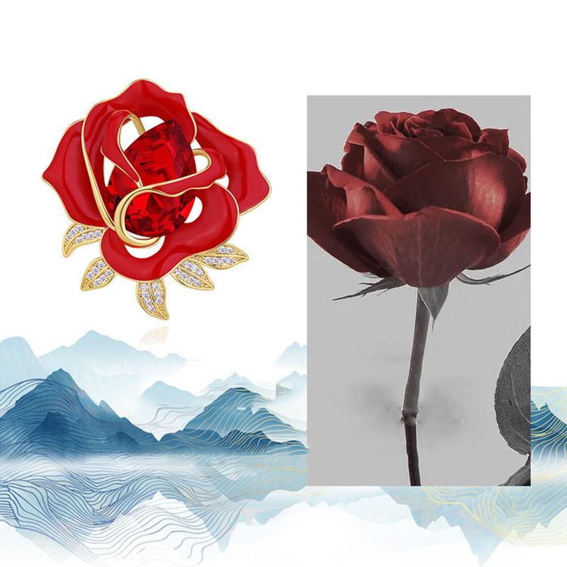 Elegant Red Rose Flower Shape Brooch Shining Rhinestones Inlaid Pin Evening Gown Dress Badge Coat Party Accessories 6