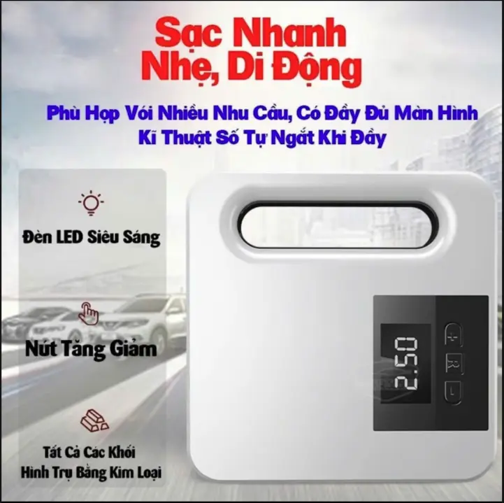 Bơm Lốp Ô Tô 12V-5A Đồng Hồ Điện Tử Tự Ngắt Cao Cấp Công Nghệ Nhật Bản Kích Thước Nhỏ Gọn Dễ Lưu Trữ Dây Cắm 3.2M An Toàn Giao Thông LED Chiếu Sáng 6