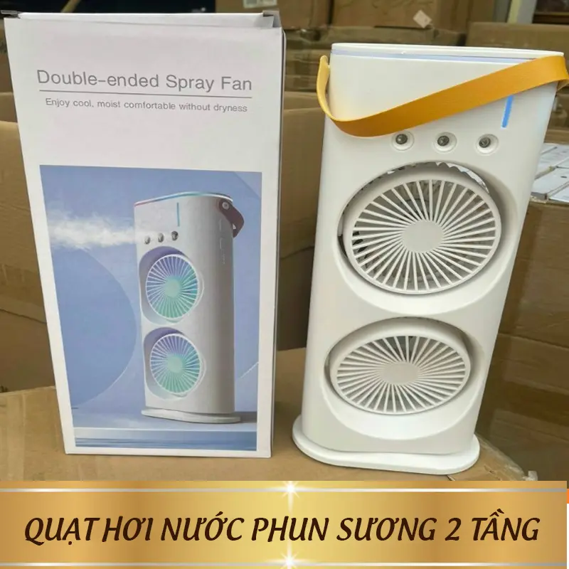 QUẠT HƠI NƯỚC PHUN SƯƠNG 2 TẦNG CÓ 3 CHẾ ĐỘ GIÓ, XOAY 360 ĐỘ VÀ CÓ ĐÈN LED TIỆN LỢI Phụ Kiện Bảo Hành 6 Tháng