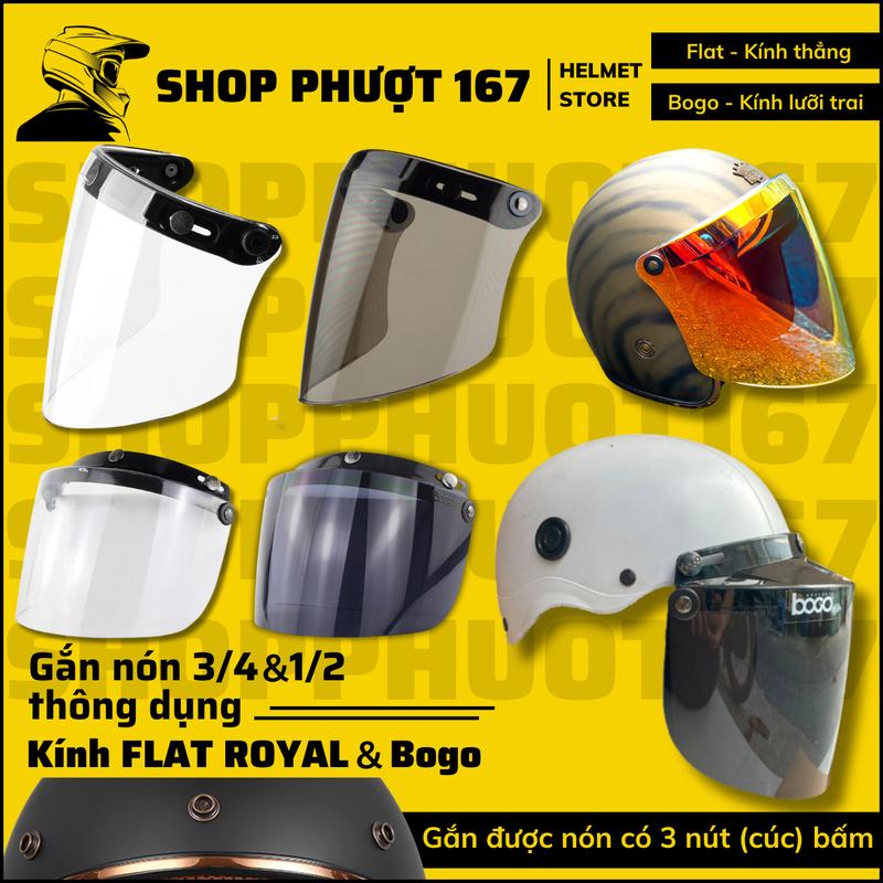 Kính Flat Royal và kính Bogo Malaysia gắn nón bảo hiểm cho nón 3/4 FLAT và Nón nửa đầu 1/2 Helmet Cao Su