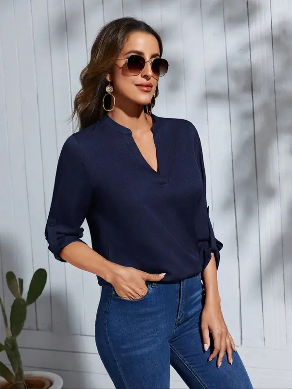 Women's Plain Notched Neck Blouse, Elegant Casual Long Sleeve Top for Daily Outdoor Wear, Ladies Clothes for All Seasons 4