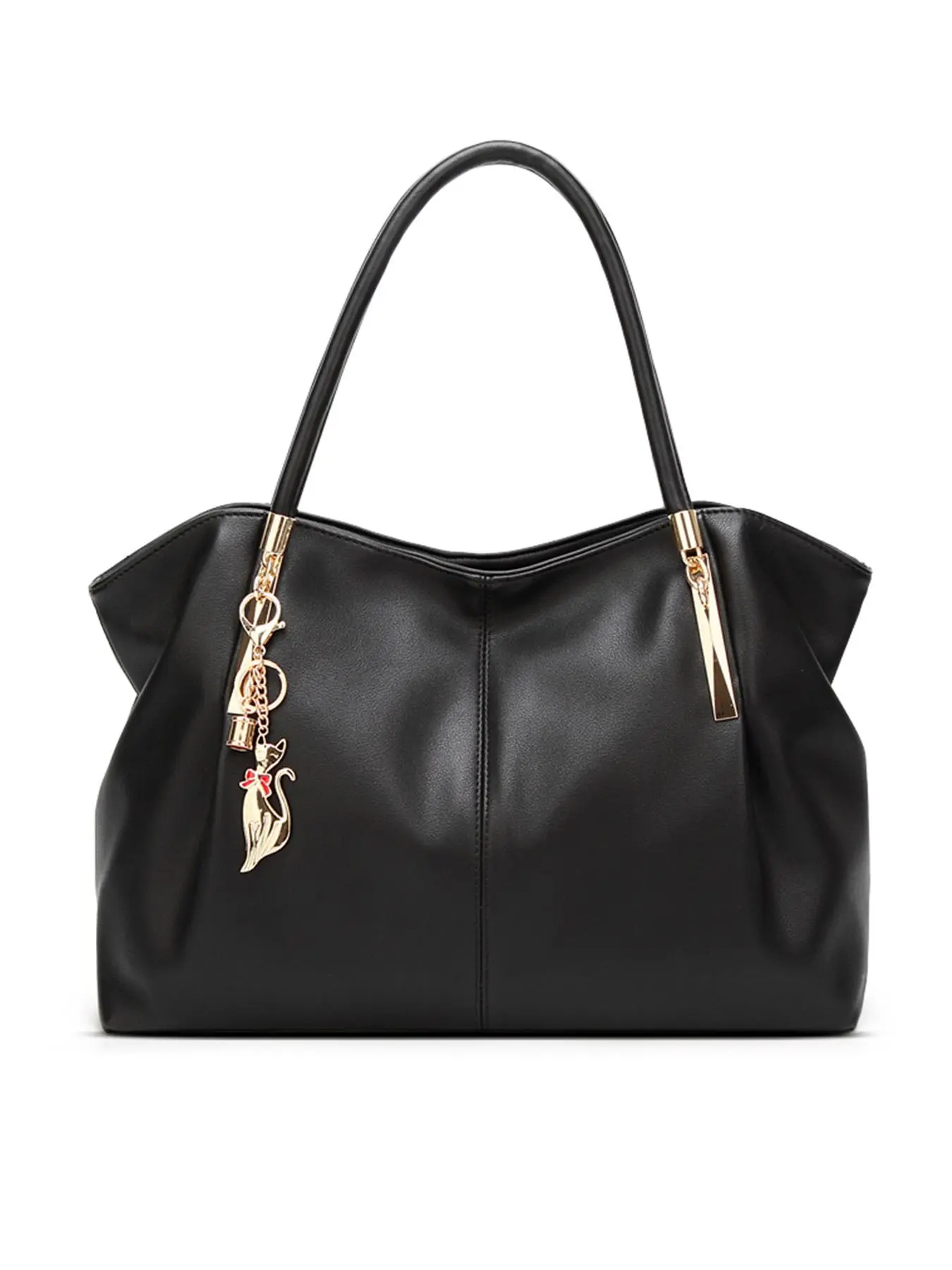 Women's Simple Style Solid Color Tote Bag with Metal Cat Bag Charm Pendant, Casual Trendy Versatile High-quality Daily Pu Leather Commuting Bag, Girl Fashionable Shopping Bag