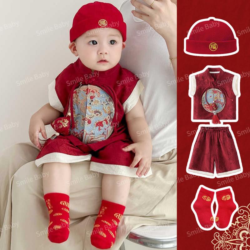 Summer New Baby Clothes Boys Girls New Chinese Set Includes Sachets 4-36 Months Baby Thin Embroidered Dragon Spring Festival 2-piece Set 2
