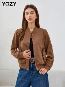 YOZY Women's Solid Button Front Drop Shoulder Jacket, Casual Long Sleeve Mock Neck Outerwear for Fall & Winter, Ladies Clothes for Daily Wear