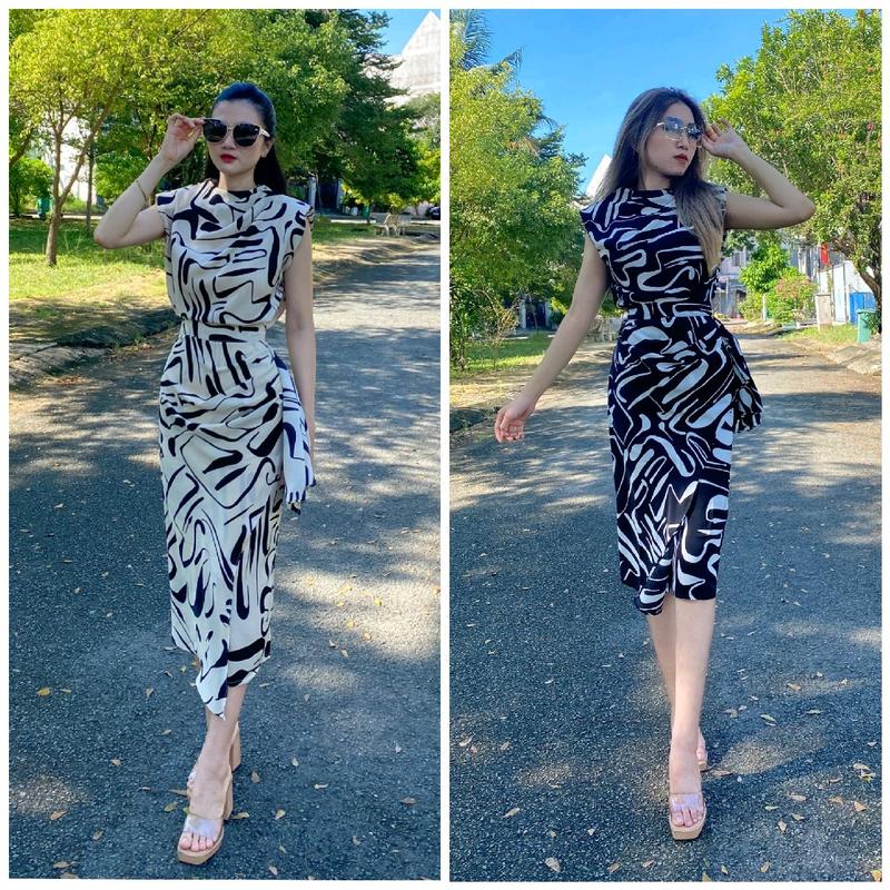 Set Áo Cổ Đổ Chân Váy Nhún Bút Chì Lệch Tà Chất Liệu Lụa Mango Mát Mịn Thoáng Khí ( Kèm Đai Eo)  Lan Ngọc Top Kem Nhung Sen Quần Voi