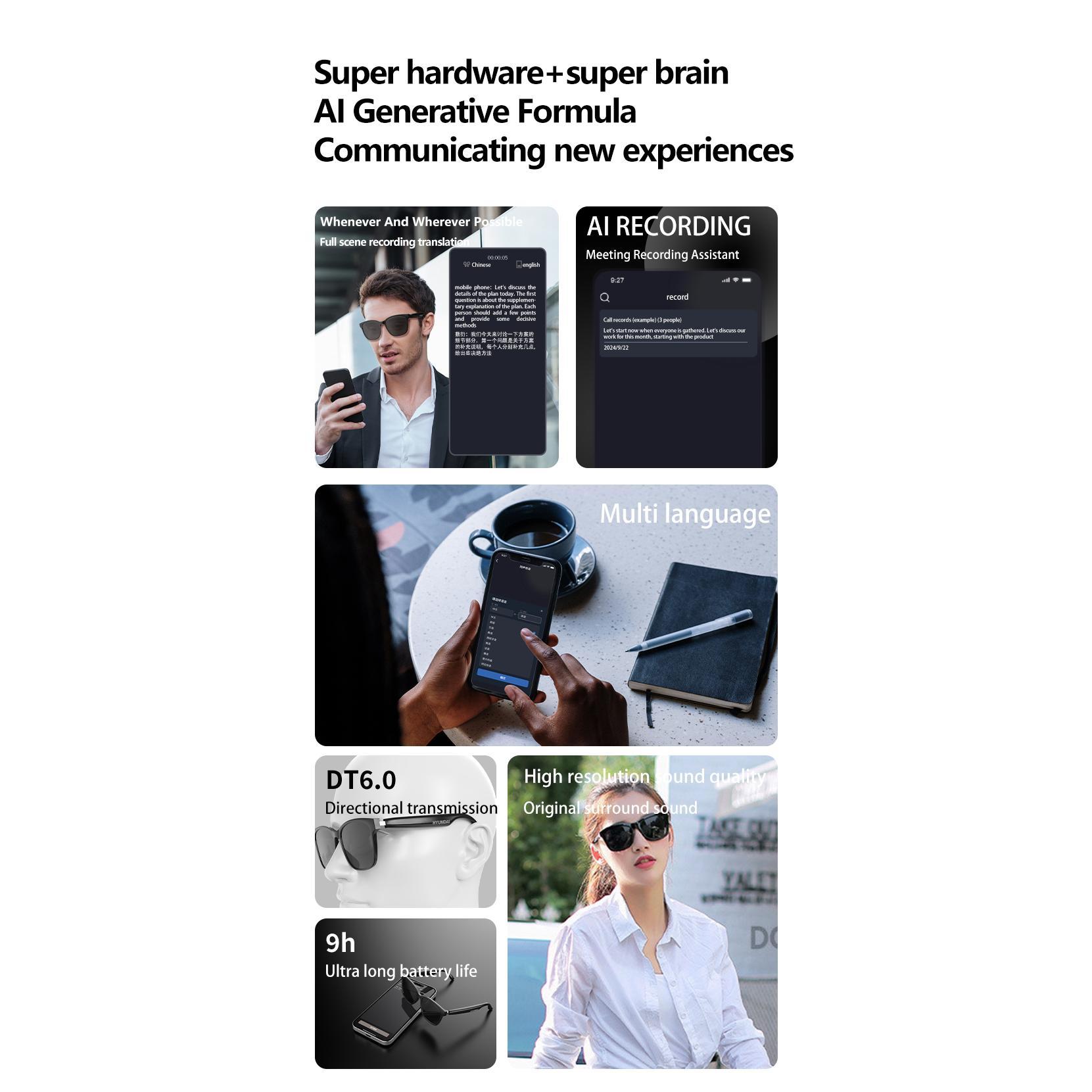 AI Smart Glasses Intelligent Real Time Language Translator Wireless Headphone AI Chat Smart Sunglasses Black