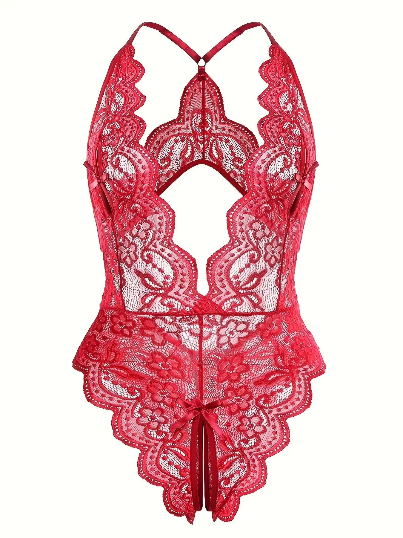 【Plus Size】 Floral Lace Bow Sheer Cami Crotchless Sexy Bodysuit, Cut Out Backless Adjustable Strap Rhinestones Heart Decor Scallop Bodysuit, Women's Sexy Lingerie for All Seasons