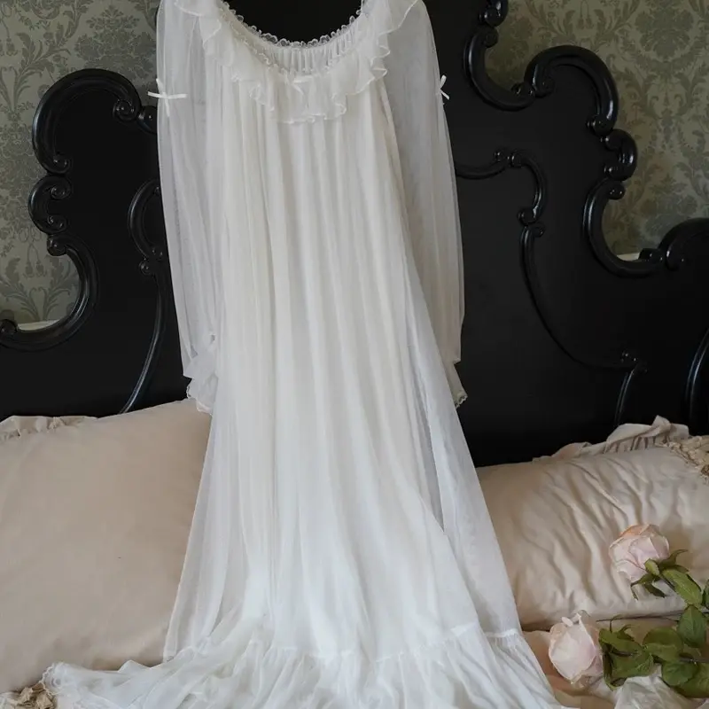 SP.355 Váy ngủ tiểu thư voan ren mềm, thun cotton cổ tròn tay bo bồng dễ thương hàng Quảng Châu cao cấp 7