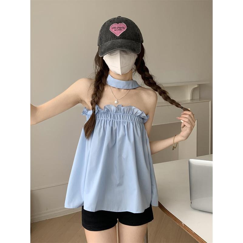 Cocoshop-Áo Ống Cổ Dây Gợi Cảm Cho Nữ, Áo Vest Lệch Vai Nhỏ, Áo Sơ Mi Búp Bê Ngắn Dáng Rộng Dễ Thương Và Gợi Cảm Kiểu Pháp Mùa Hè Để Mặc Một Lần Và Áo Dưới Nhỏ (60129) Top Denim Women 4