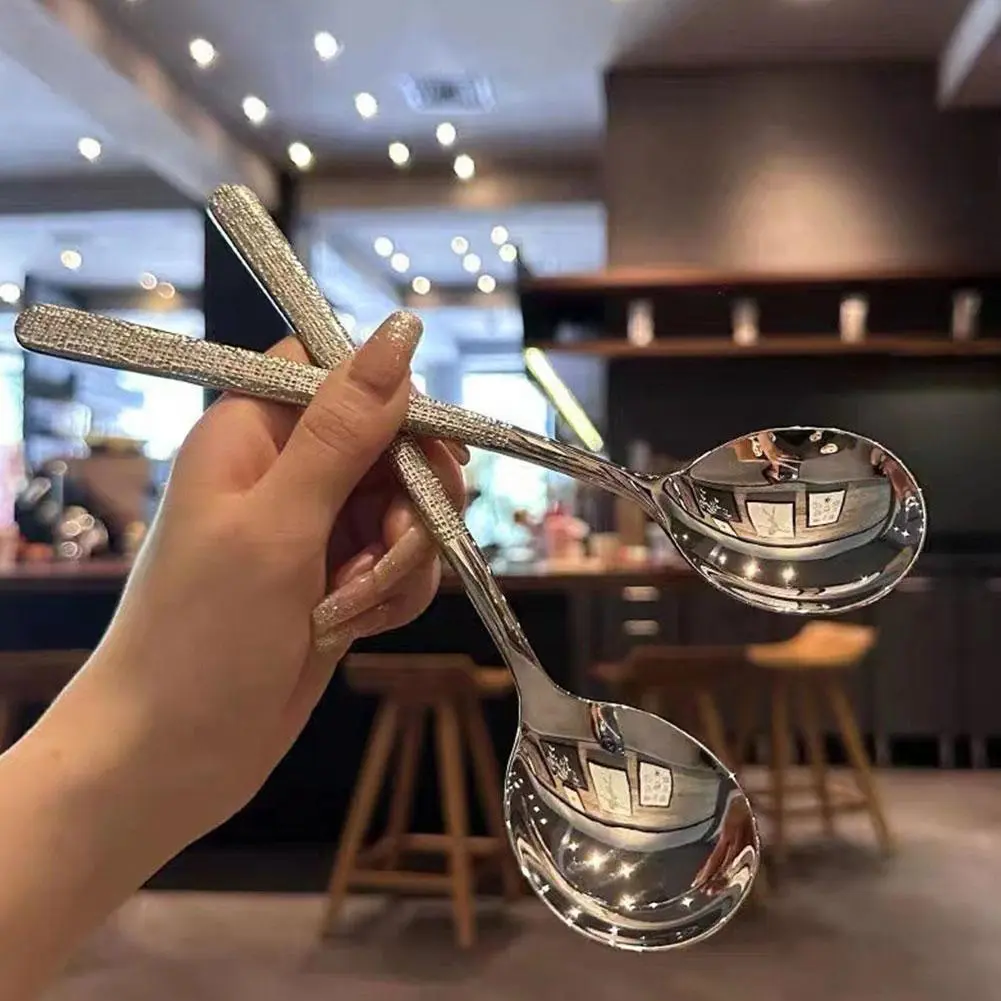 Stainless Steel Spoon Hammered Korean Spoon Western Restaurant Long Handle Spoon Dessert Table Spoon Household Round Head Dinner Spoon Spoon Spoon