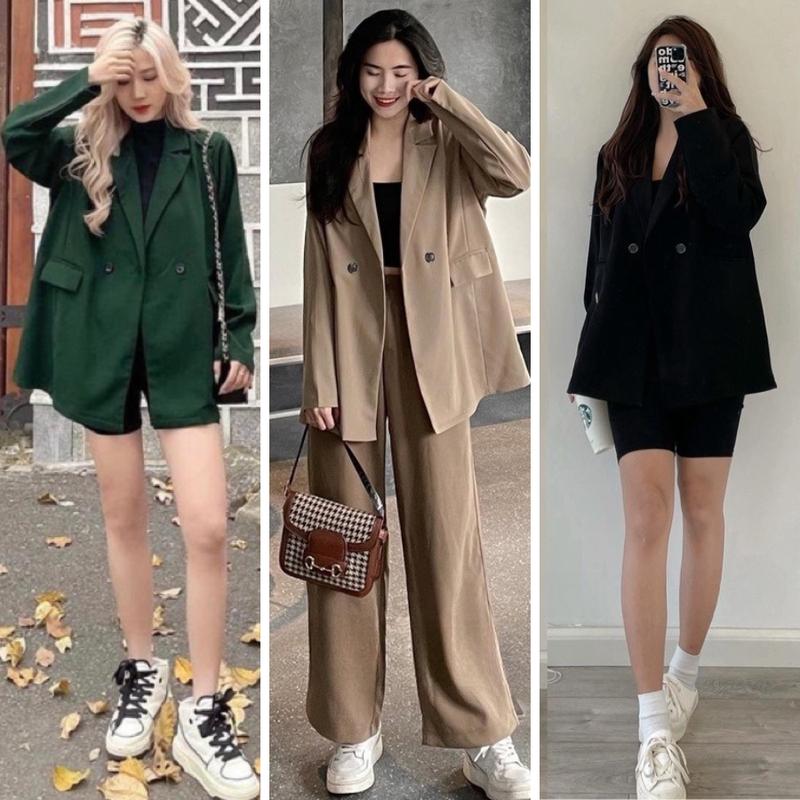 Áo blazer nữ tay dài 1 lớp oversize màu xanh đen be, Áo khoác blazer nữ dáng rộng dài tay phong cách Hàn Quốc xanh lá Top Jacket