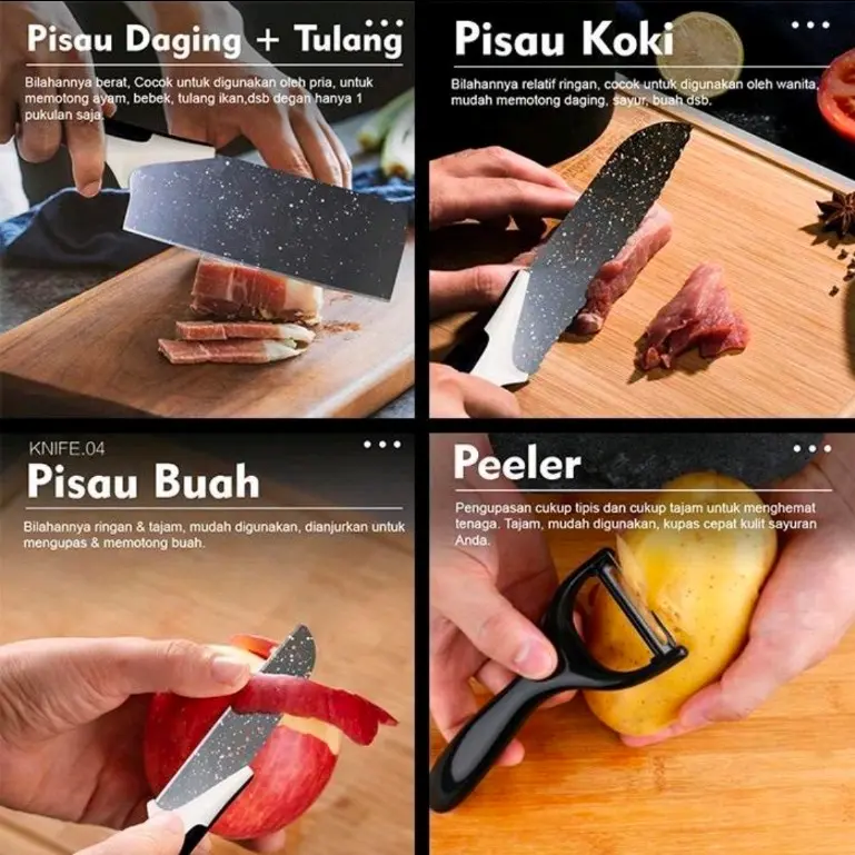 PISAU SET MURAH/KNIFE SET PISAU DAPUR SERBAGUNA MURAH 5 in 1 BLACK MARBLE 7