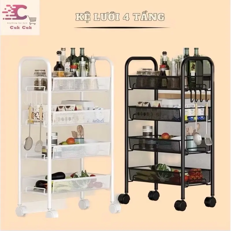 ￼Kệ SPA 4 tầng khung thép cacbom fun sơn tĩnh điện có bánh xe giá lưới sắt