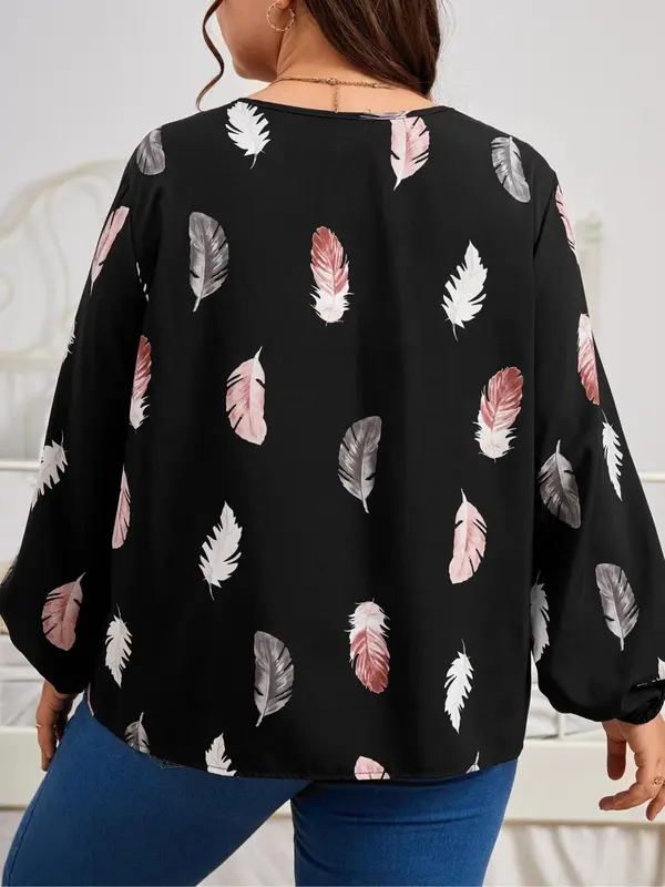 【Plus Size】Feather Print Notched Neck Blouse, Casual Long Sleeve Top for Spring & Fall, Women's Clothes for Daily Wear 1