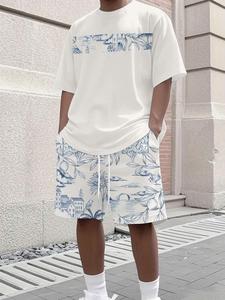 Nature Simple Style suit - Short sleeve T-shirt + shorts printed with nature scenery pattern, stylish and simple, casual summer wear