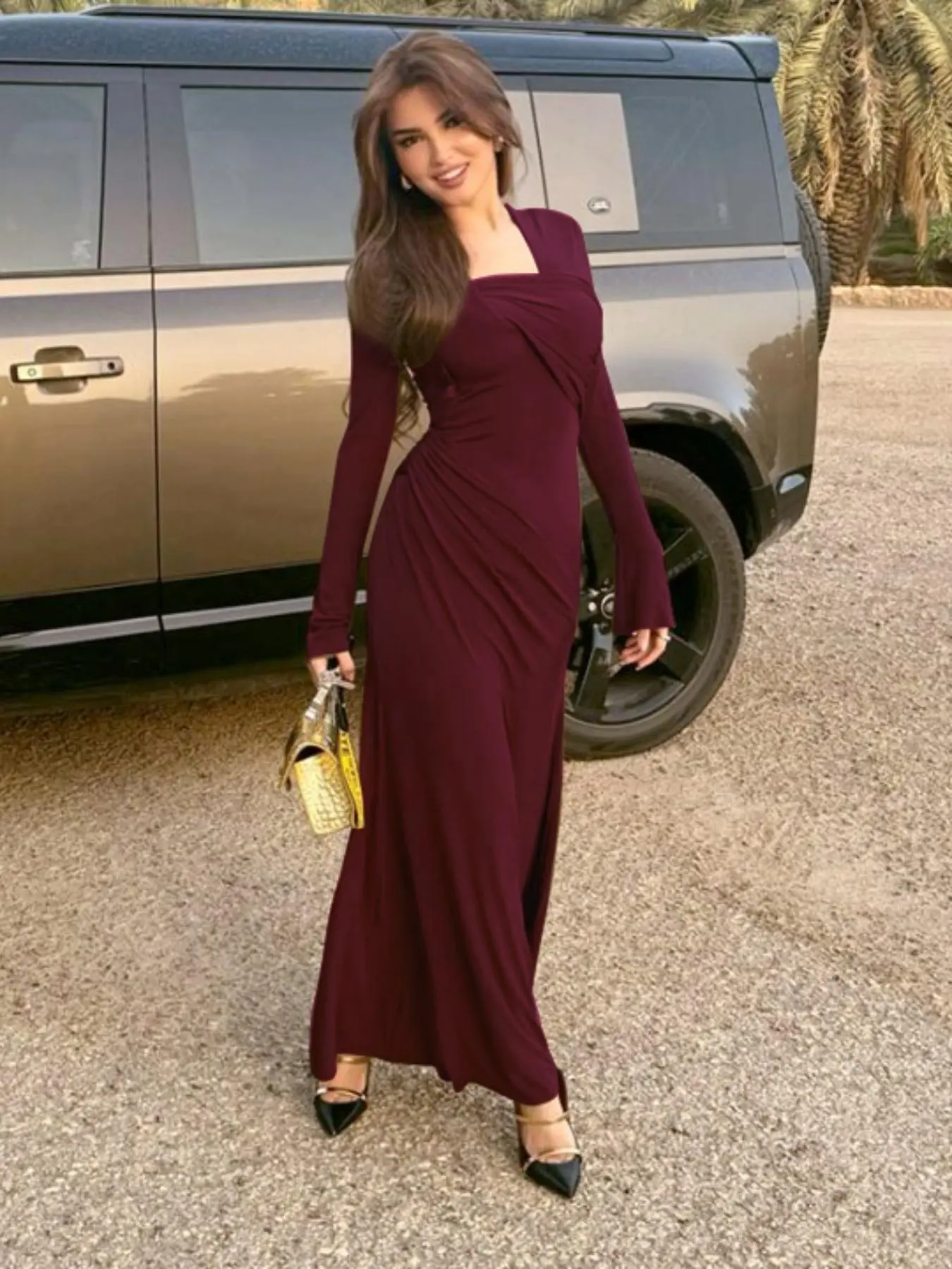 Women's Plain Ruched Asymmetrical Neck Dress, Elegant Fashion Long Sleeve Dress for Daily Outdoor Wear, Women Dress for Summer