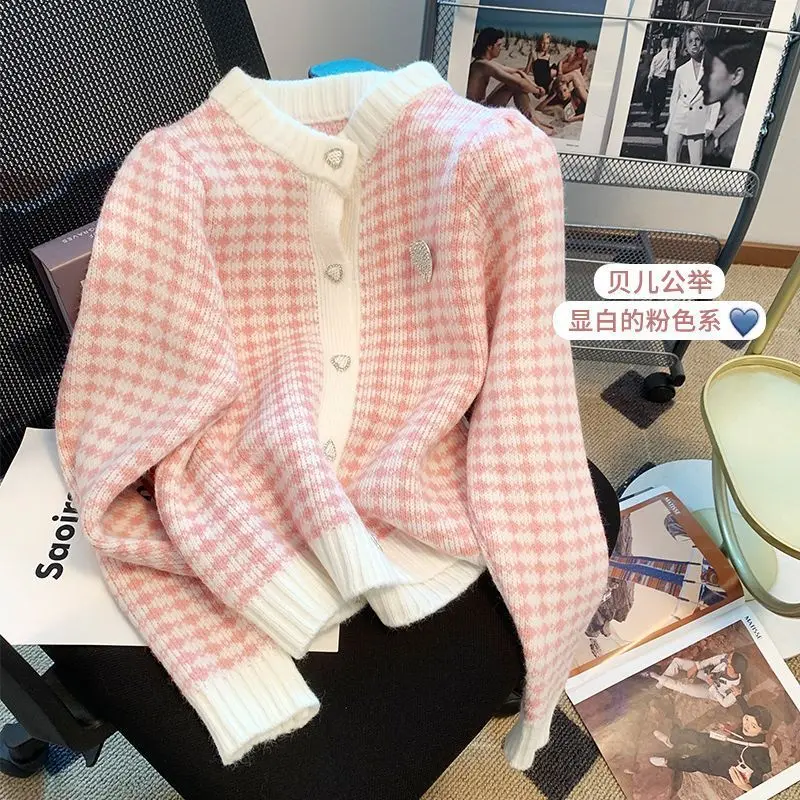 Áo Len Họa Tiết Răng Nanh Phong Cách Cổ Điển Áo Khoác Cardigan Dệt Kim, Phong Cách Thường Ngày Mùa Xuân Và Mùa Thu Của Phụ Nữ, Hàng Mới Về 2024, Áo Bé Gái Mềm Sữa