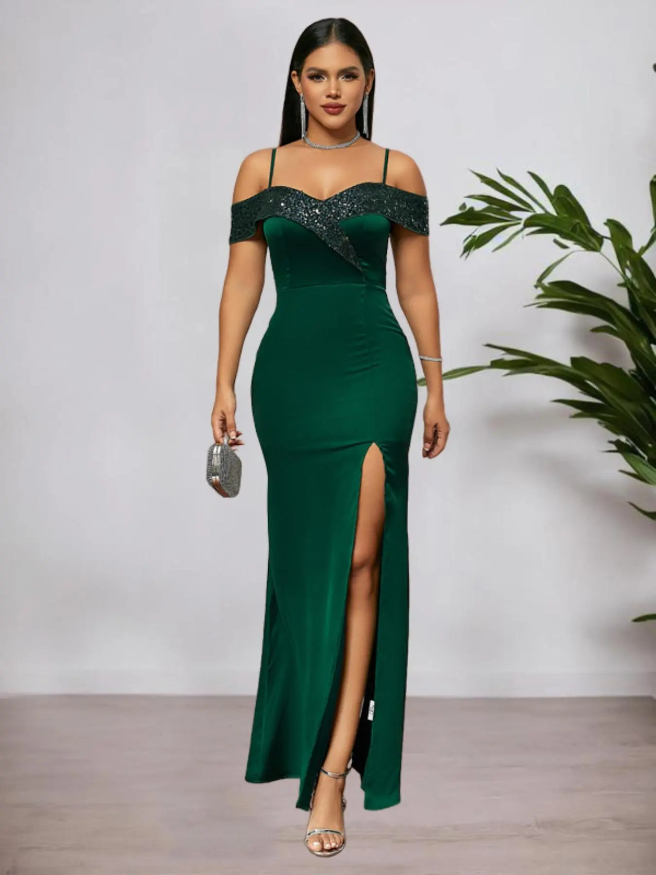 Christmas Gift Women's Plain Contrast Sequin Split Thigh Satin Bodycon Evening Dress, Elegant Plicated Dresses Summer, Long Evening Party Gown, Lady Formal Dresses