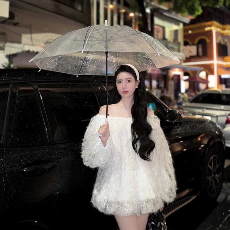 MinahShop Áo Váy Ren Hoa 2 Lớp Sang chảnh , Áo trễ vai dài tay Tiểu thư