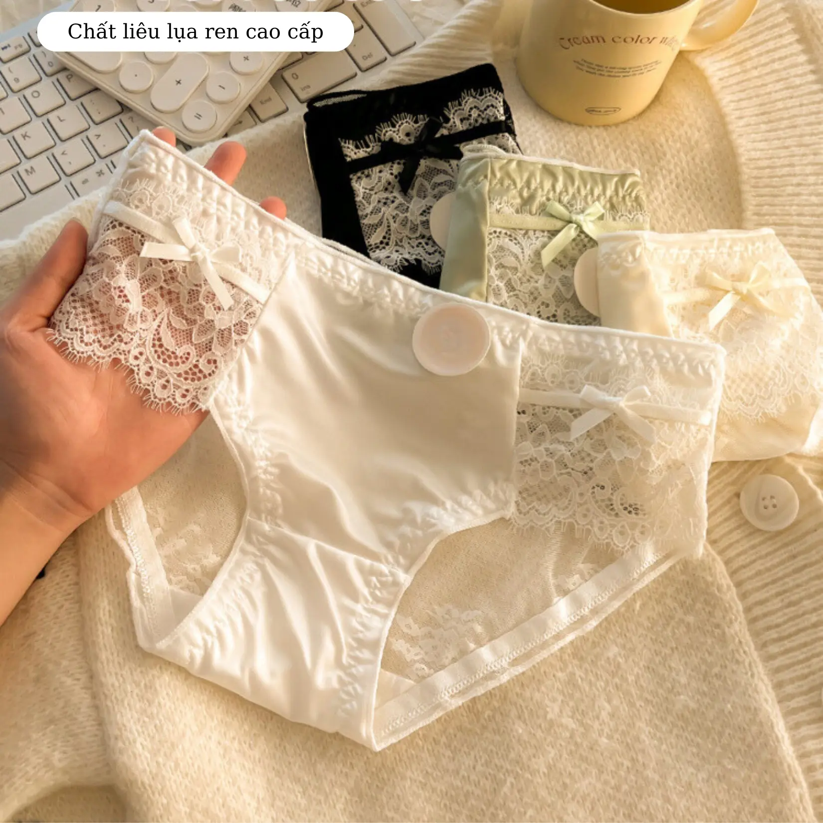 [Mã E100] Set 4 quần lót nữ lụa ren cao cấp mềm mại đen trắng kem xanh Vikam Women Nhung Voi Cotton