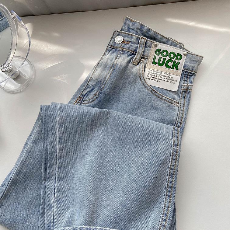 New Biru muda kulot longgar high waist celana jeans panjang wanita（GOOD LUCK）（realpict） 1