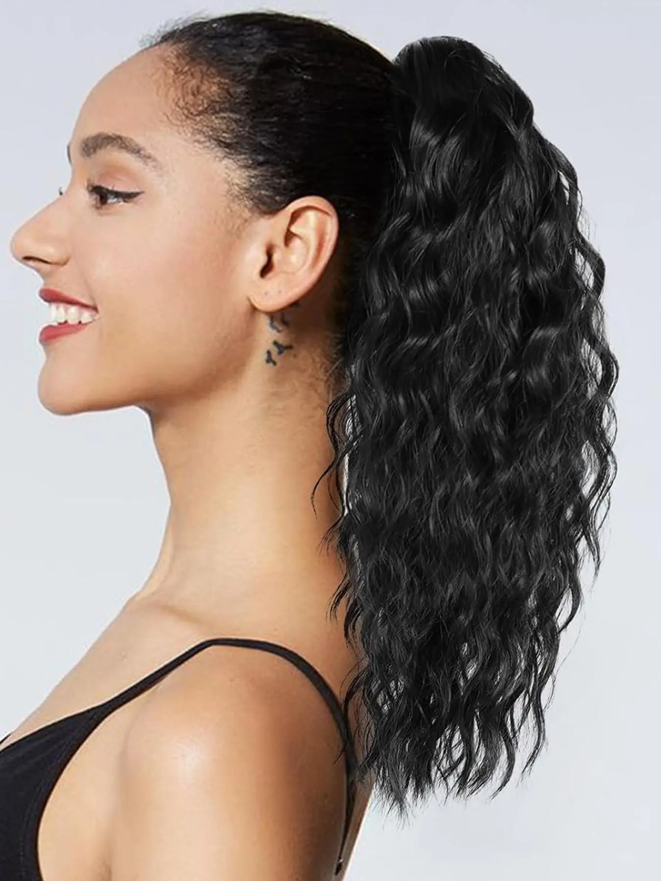 14 Inch Black Long Body Wavy Clip in Ponytail Extension, Natural Looking Fluffy Drawstring Ponytail Extension, Synthetic Hairpiece for Women