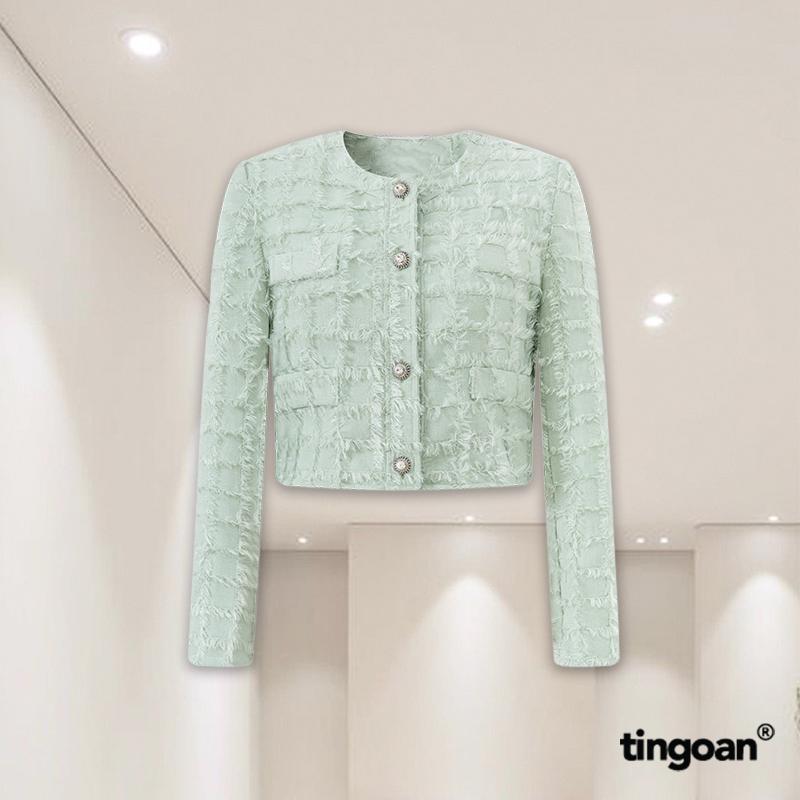 TINGOAN - Áo khoác tweed kẻ ô lông XANH cổ tròn đính cúc đá lấp lánh SPARKLE BABY TWEED JACKET MINT