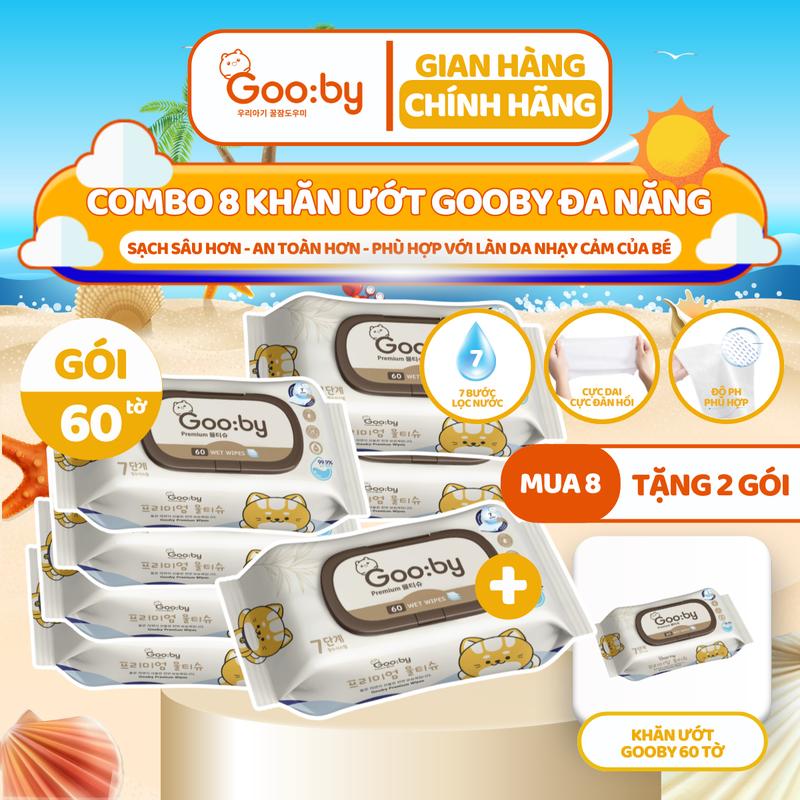[Mua 8 tặng 2] Khăn ướt Gooby Premium 60 miếng đa năng, mềm mịn, an toàn với làn da của trẻ nhỏ em bé và gia đình
