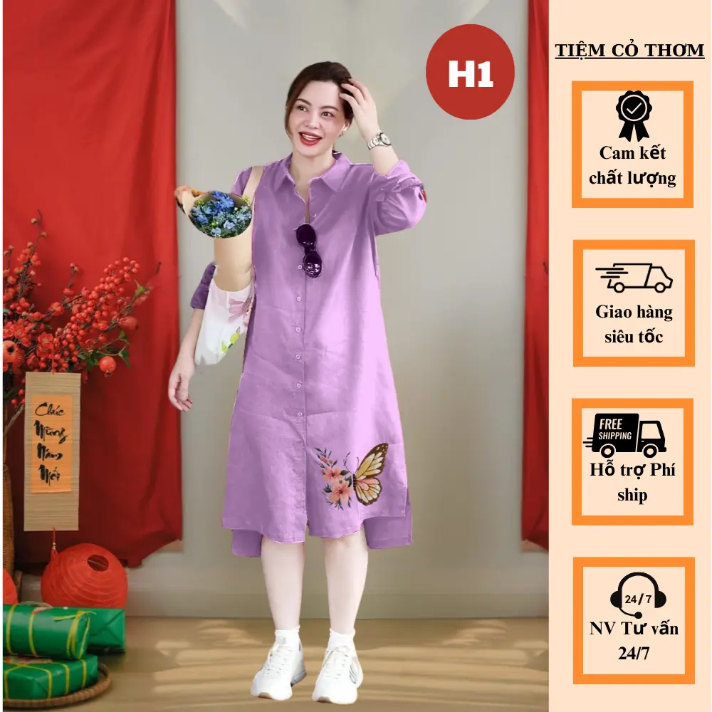 VÁY MYMY - Váy nữ trung niên CỎ THƠM, váy sơ mi thêu hoa, hàng thiết kế, dáng suông. Nữ Women, THỜI TRANG TRUNG NIÊN