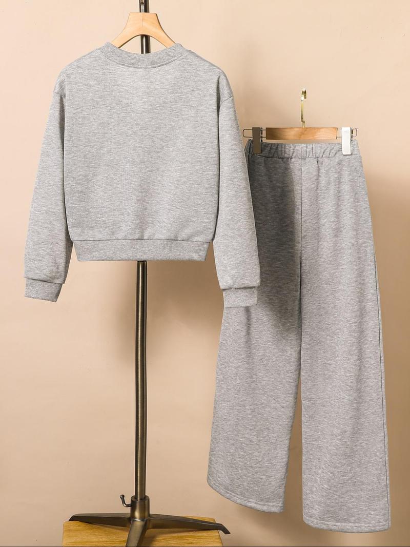 Product Introduction of Two-piece Set Girl's Letter Print Drop Shoulder Top & Elastic Waist Sweatpants Set, Casual Long Sleeve Top & Pocket Trousers for Fall & Winter, Kids Clothes for Daily Wear 3