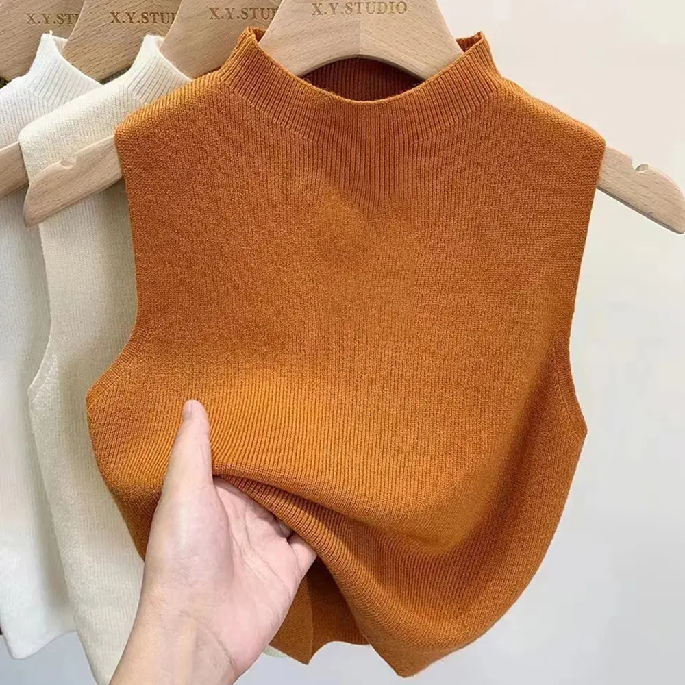 Áo Ba Lỗ Vest Cho Nữ, Màu Trơn Áo Thun Dệt Kim, Áo Cropped Xén, Áo Len Áo Yếm, Cổ Lọ, Không Tay, Thích Hợp Cho Mùa Xuân Và Mùa Thu
