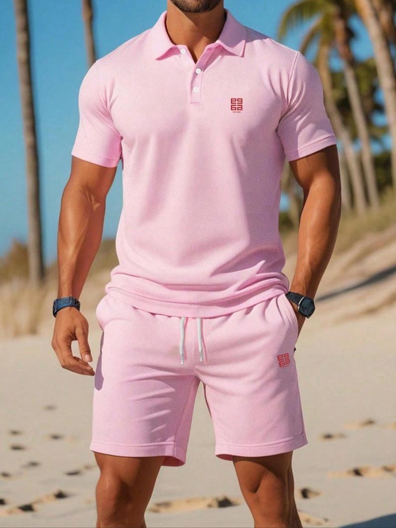 Product Introduction of Men's Letter & Geometric Print Polo Shirt & Shorts Set, Regular Fit Casual Short Sleeve Top & Track Shorts, Men Summer Set for Outdoor 8