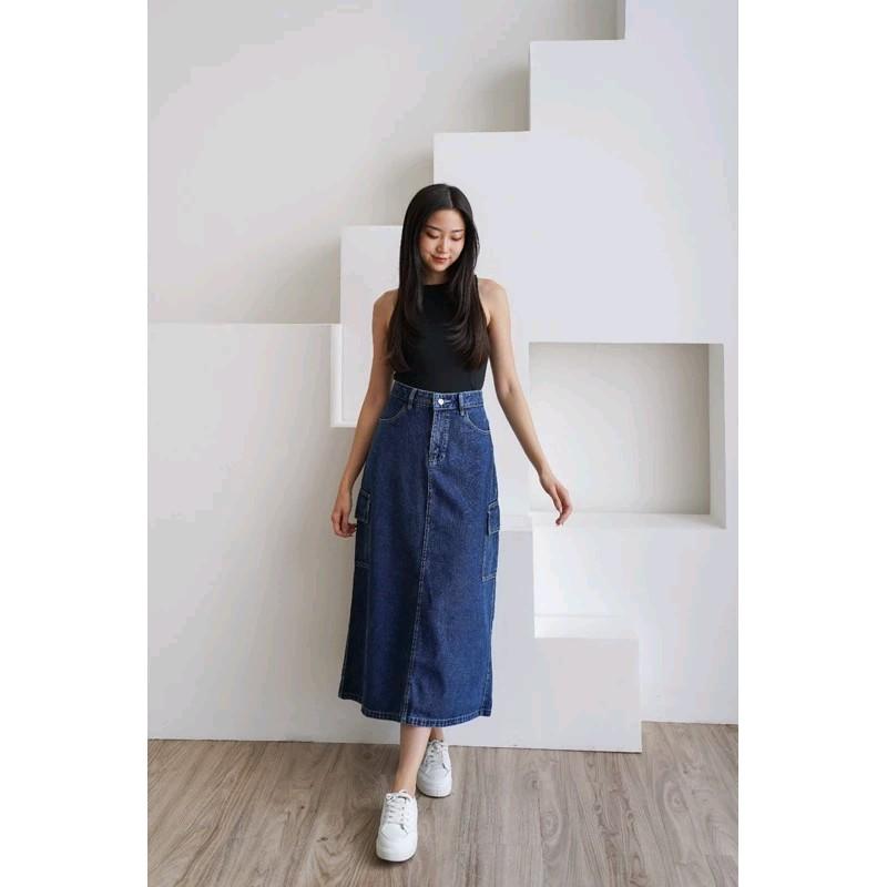 ROK KARGO JEANS Panjang Denim Karet Tebal Wanita Standar Katun A-Line Samping Melar Hitam Maxi Biru rok cargo tanpa belahan rok jeans span rok midi jumbo 2
