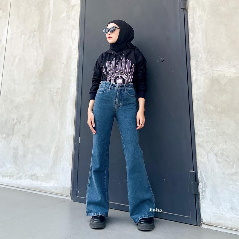 JINISO HOTTY GANG - 329 Cutbray Highwaist Celana Jeans Wanita Warna Ocean Blue 7