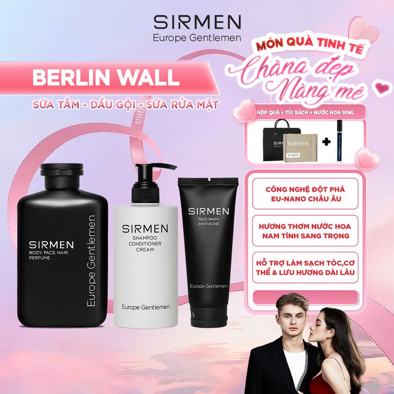 Bộ quà tặng cho nam Berlin Wall - Gồm Sữa tắm gội nam 4in1 350g, Dầu gội nam 3in1 320g và Sửa rửa mặt nam 2in1 100g SIRMEN chiết xuất tự nhiên công nghệ EU-Nano| TẶNG TÚI XÁCH &  NƯỚC HOA 10ML