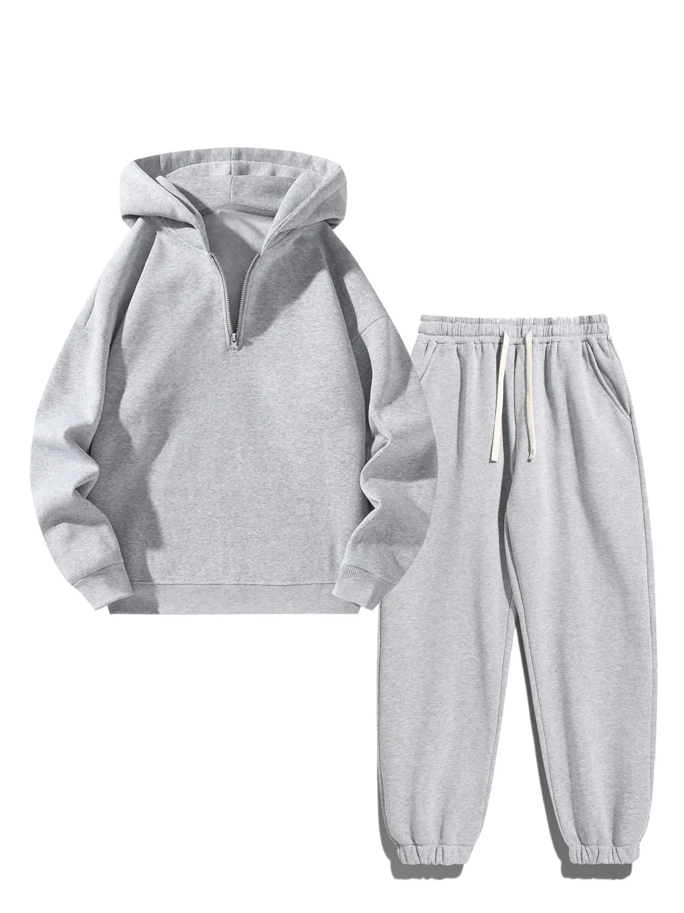 2 Counts Men's Solid Zipper Two-piece Set, Casual Long Sleeve Hoodie & Drawstring Pocket Sweatpants for Fall Winter, Fashion Cozy Men's Outfits for Daily Wear