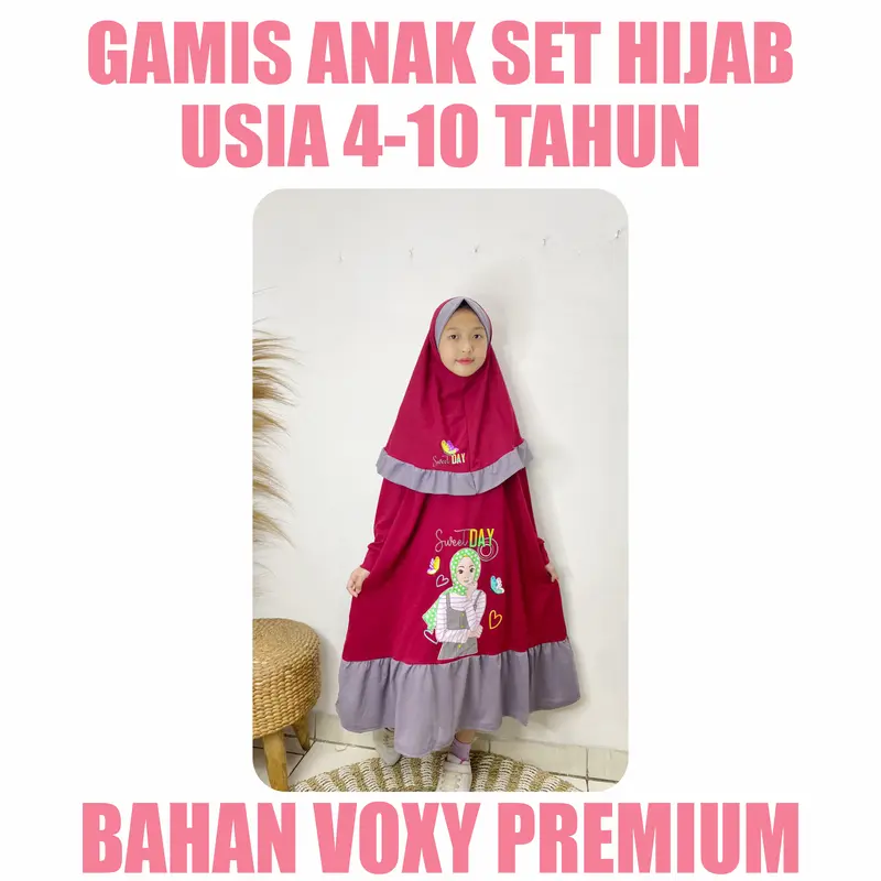 Baju Gamis Anak Perempuan Set Kerudung Usia 4-10 Tahun Motif Muslimah 1