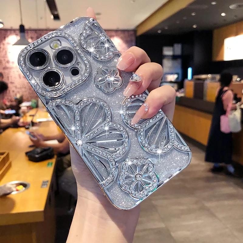 Product Introduction of Luxury Glitter 3D Diamond Flower Phone Case For iPhone 16 15 14 13 12 11 Pro Max Plus Gradient Shockproof Electroplated Cover 3