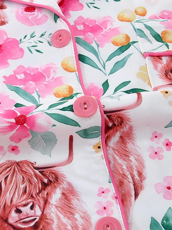 Women's All Over Print Crop Shirt & Shorts Pyjama Two-piece Set, Casual Comfy Short Sleeve Top & Shorts PJ Set, Ladies Sleepwear for All Seasons 8