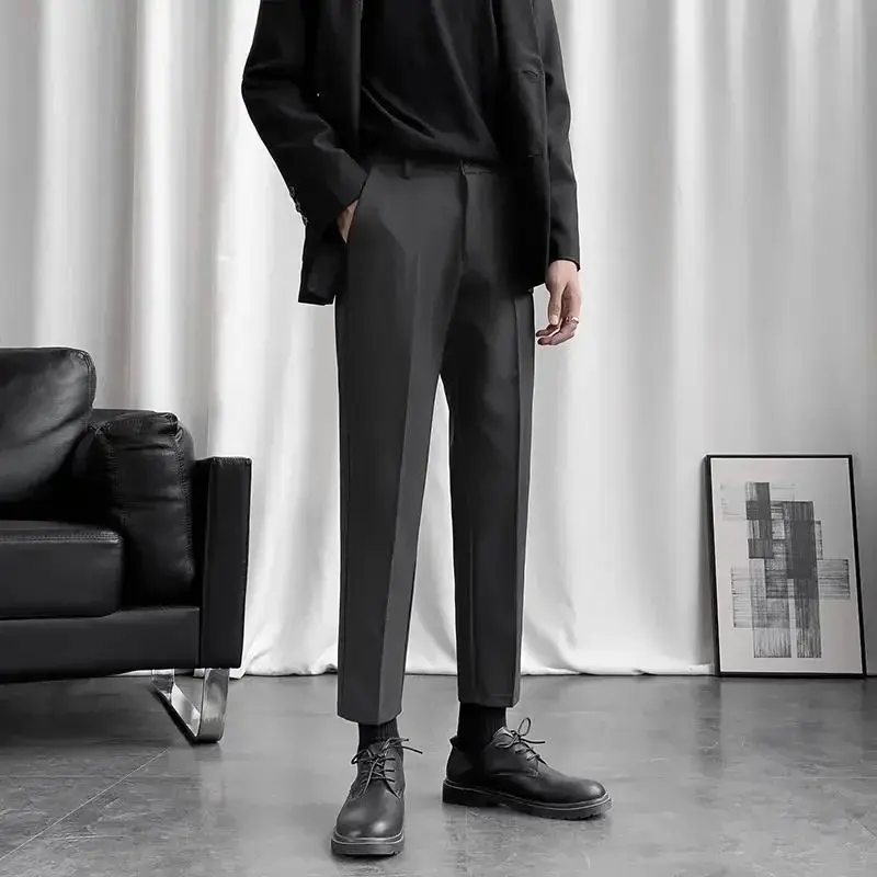 Polyester Elastic Men'S Smart Casual Pants Stretch Male Korean Style Suit Trousers Spandex Cheap Classic Luxury Fashion Style Clothes Designe Menswear Lingerie Pockets Beige Plain