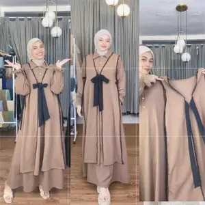 Joley Cloth - Almaira 2In1 Dress + Outer Baju Lepas Pasang Nyaman  Gamis Kekinian Outfit Elegant Gamis Remaja Busui Daily Muslim Wanita Jumbo Lembut Panjang Wudhu Dewasa Mewah Jilbab - CHOCO