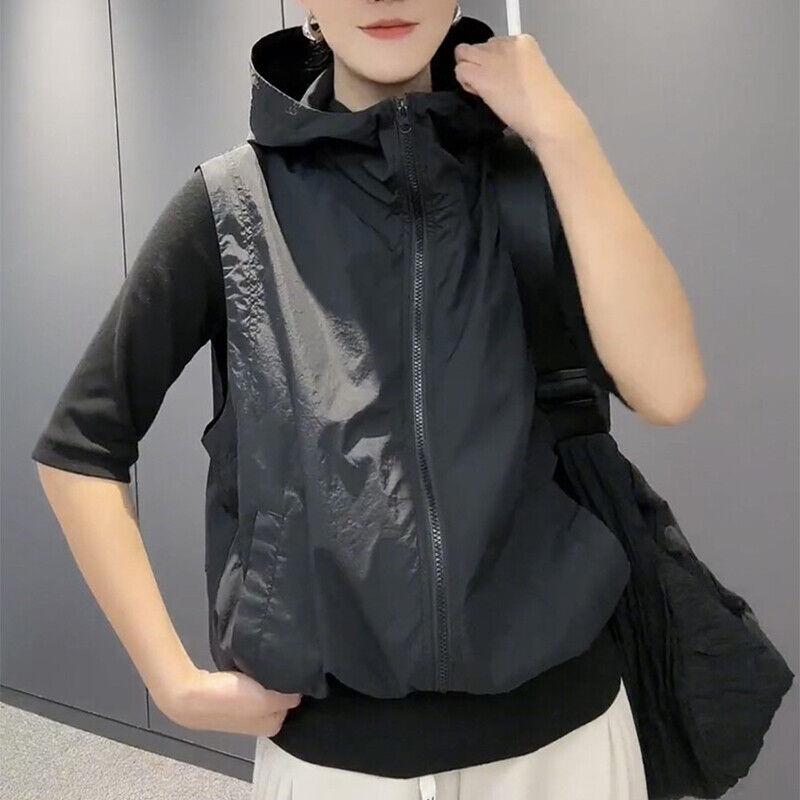 Women Hooded Vest Sleeveless Zipper Waistcoat Drawstring Thin Coat with Pockets 8
