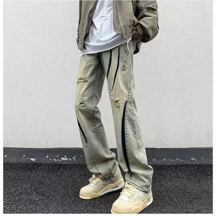 Bán Chạy!Quần Jean Rách Bùn Vàng, Phong Cách Mỹ, Quần Đẹp Trai Rách, Dành Cho Nam Giới, Mùa Hè, Hip Hop, Cắt Thẳng, Rải Rớn, Phong Cách Đường Phố Cao Cấp, Thương Hiệu Thời Trang Ngoại Cỡ Menswear Pants Có Túi