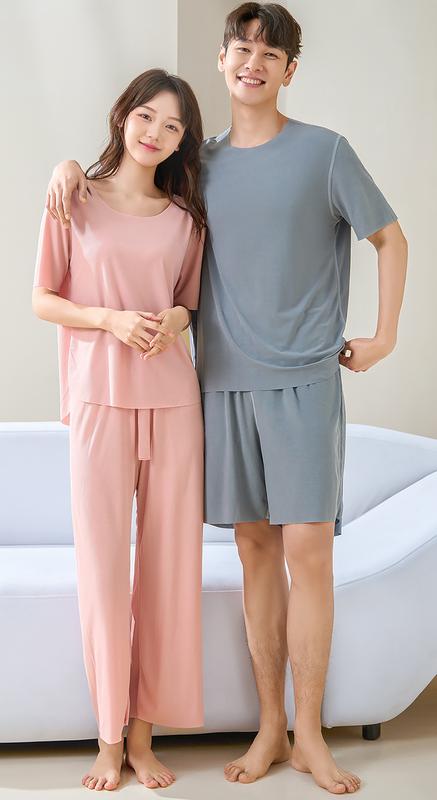Product Introduction of Ice Silk Couple Pajamas Women's Summer 2024 Loose plus Size Quick-Drying Home Wear Outer Wear Men's Short Sleeve Shorts Suit 6